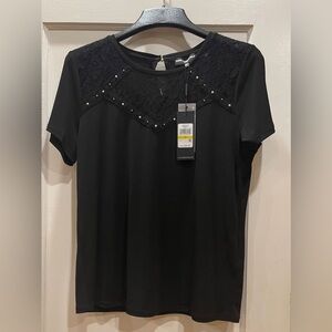 Karl Lagerfeld Black Short Sleeve Top with Lace NWT size M